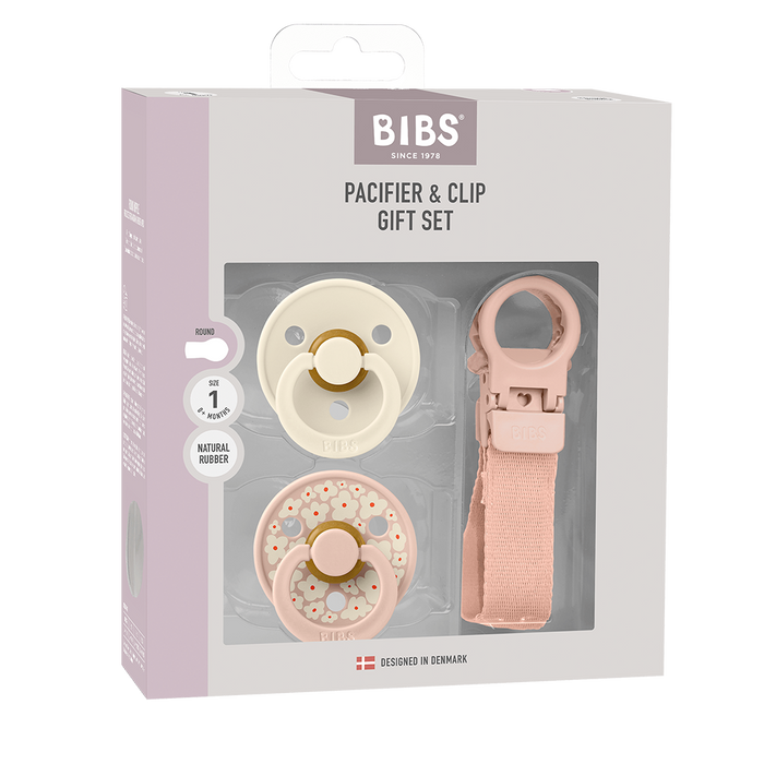blush pacifier and clip set from bibs